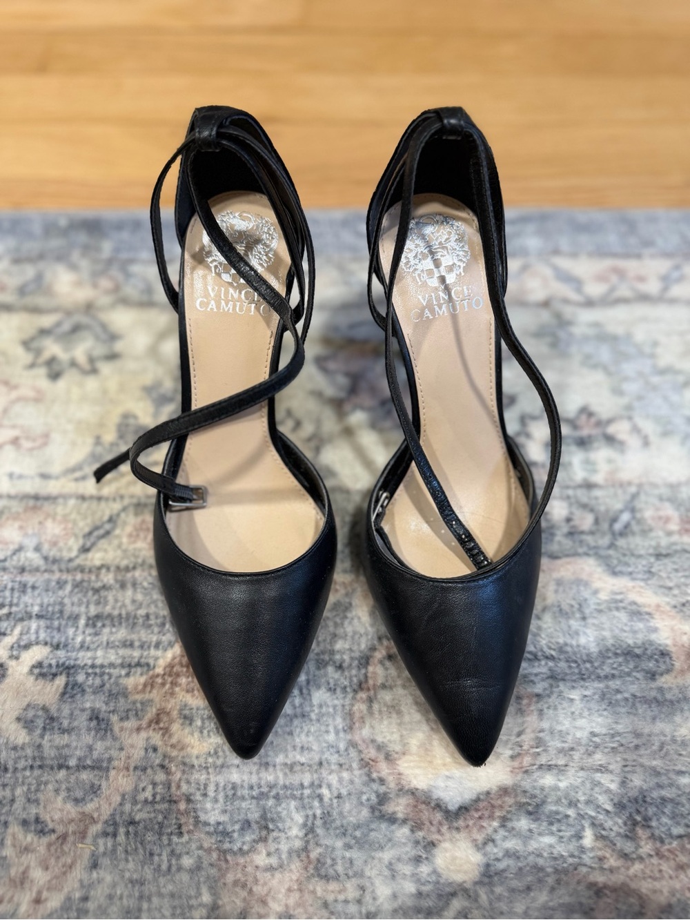 Vince Camuto Black Pointed Lace-Up Pumps with Ankle Wrap